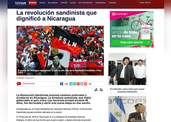 cobertura, internacional, revolucion, sandinista, nicaragua, telesur,