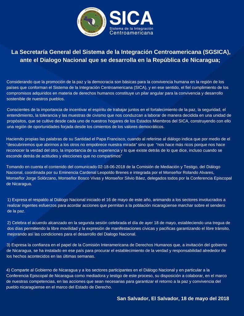 nicaragua, sica, respaldo, dialogo nacional, 