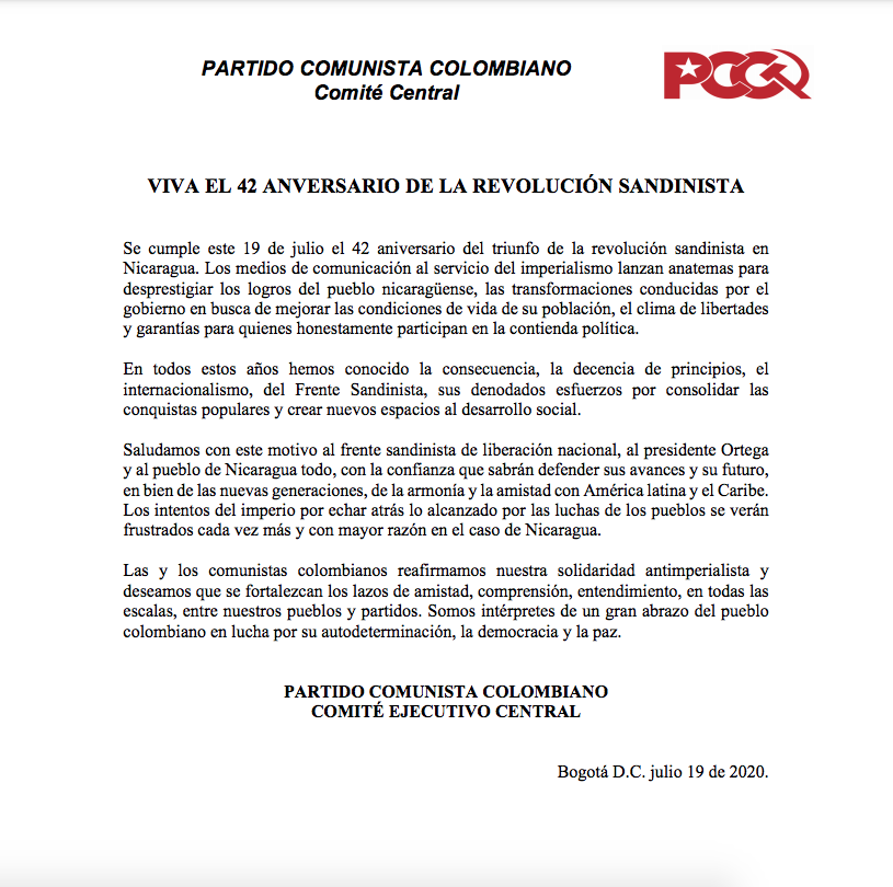 Partido Comunista Colombiano expresa su saludo a Nicaragua en este 42/19