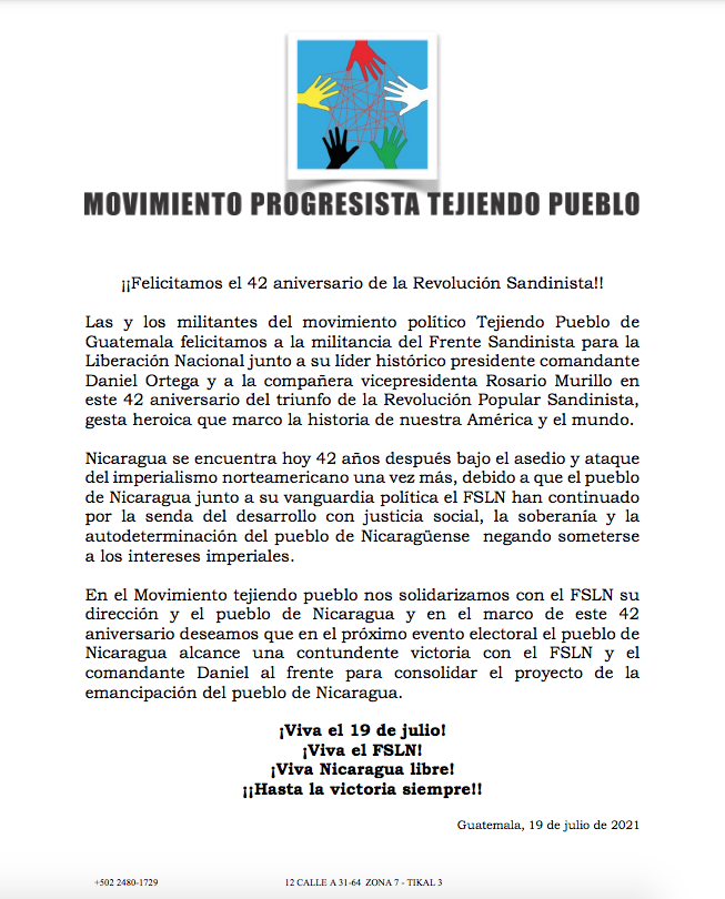 Saludo del Movimiento Progresista Tejiendo Pueblo de Guatemala por el 42 Aniversario de la Revolución 