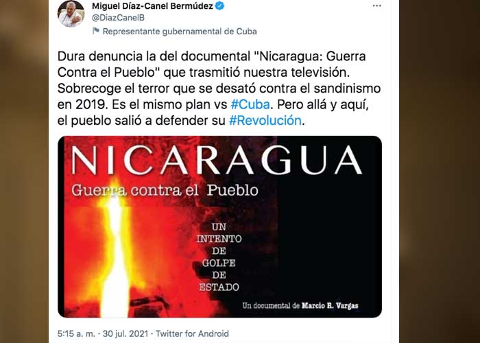 Tuit del presidente de Cuba, Miguel Díaz-Canel, sobre el documental de Nicaragua