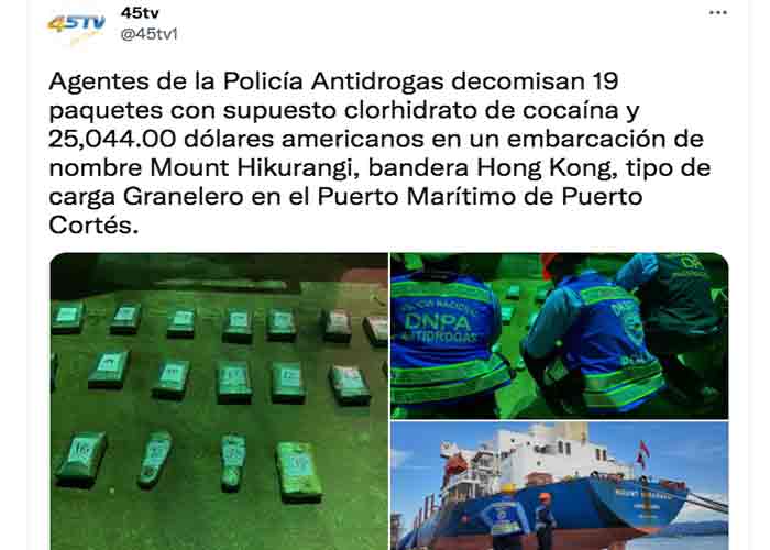 Honduras: Incautan en barco cocaína con valor de 6.4 millones de lempiras