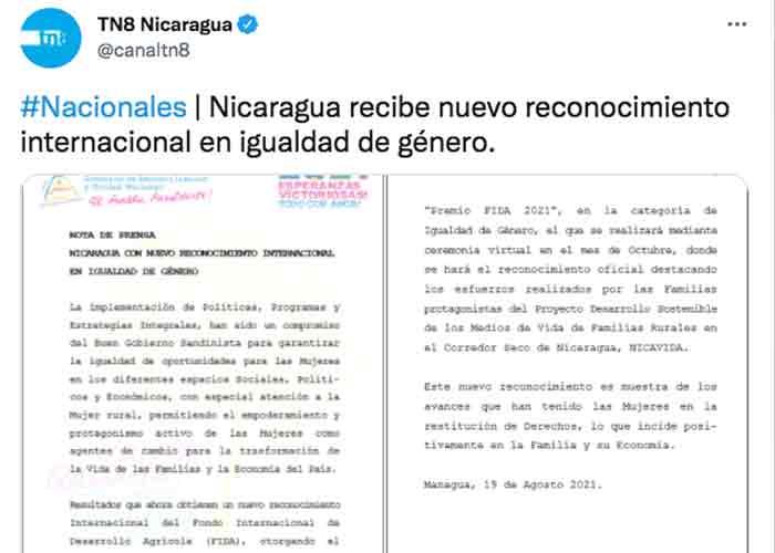Nicaragua recibe nuevo reconocimiento internacional en Igualdad de Género