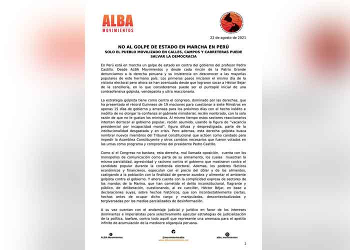 Pronunciamiento de ALBA Movimiento sobre la situación de Perú