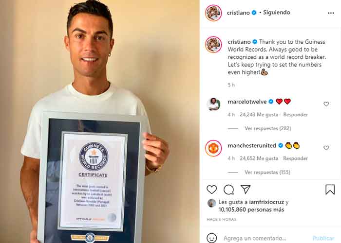 Cristiano Ronaldo posee el récords Guinness de máximo goleador en selecciones