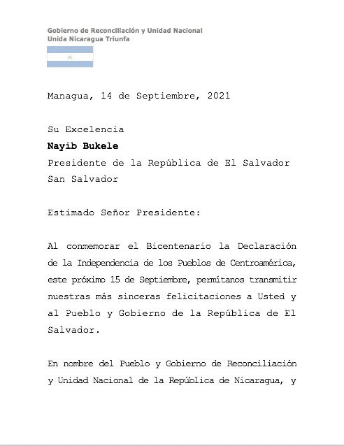 Nicaragua felicita a El Salvador por el Bicentenario de la Independencia