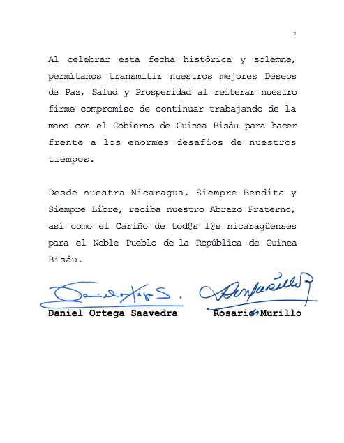 Gobierno de Nicaragua felicita a la República de Guinea Bisáu