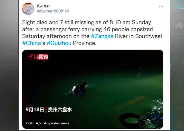 Al menos ocho muertos y siete desaparecidos por naufragio en China