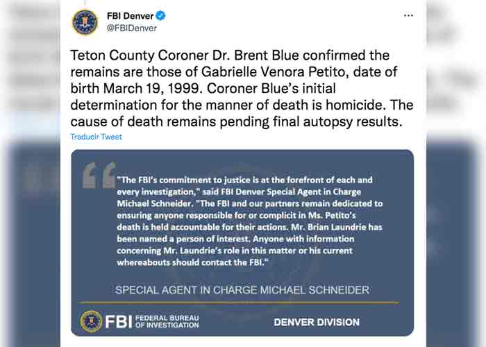 FBI confirmó que cuerpo hallado en parque de Denver es de Gabby Petito