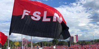 Bandera del FSLN en una conmemoración del 19 de Julio