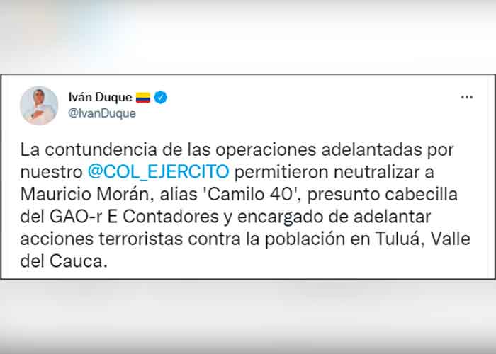 Presidente de Colombia felicita al ejército por la captura de alias "camilo 40"