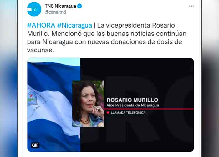 Vicepresidenta de NIcaragua Rosario Murillo anunció la donación de la dosis contra el covi-19