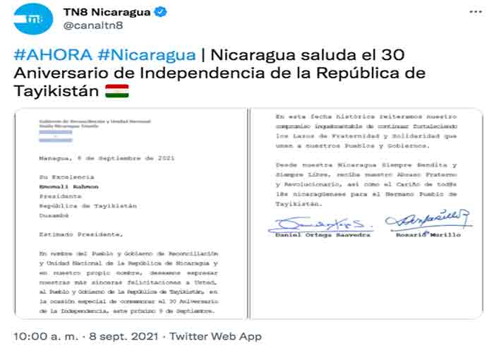 Nicaragua saluda 30 aniversario de Independencia de República de Tayikistán