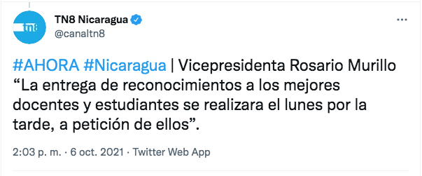 Mensaje de la vicepresidenta de Nicaragua