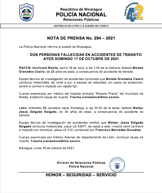 Policía reporta a dos personas fallecidas este domingo en Rosita y León