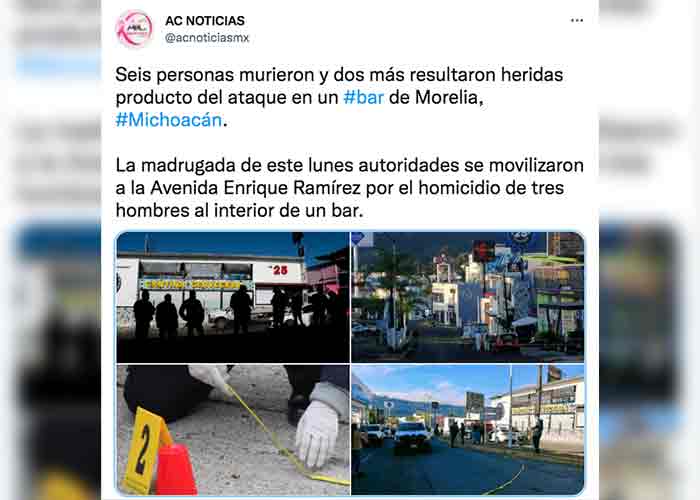 Ataque en un bar de Morelia, México deja seis muertos y dos heridos