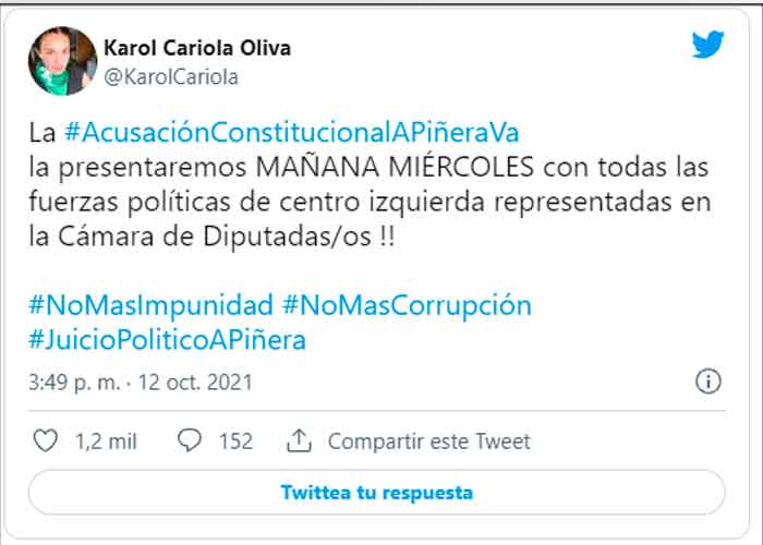 Presentan acusación contra Piñera tras revelación de "pandora papers"
