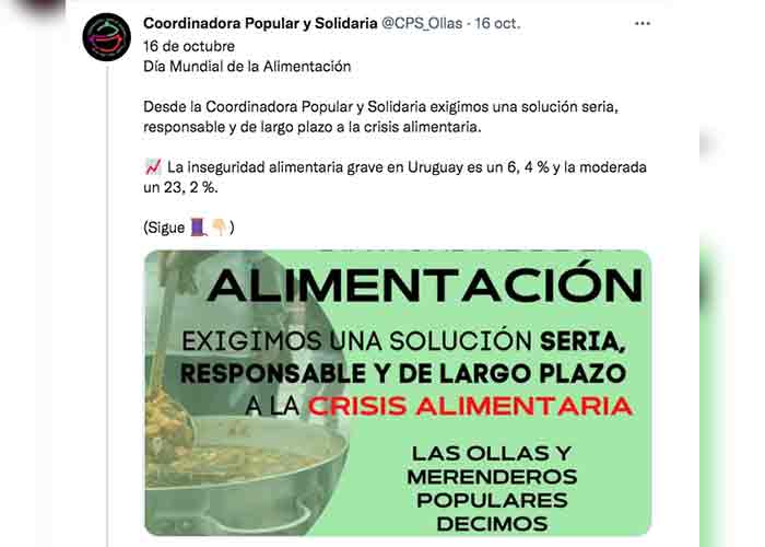 CPS de Uruguay demanda a Gobierno dar solución a crisis alimentaria