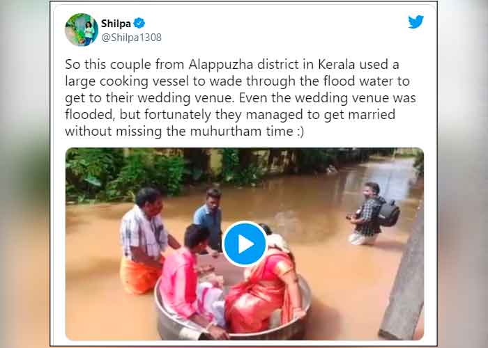 Novios llegan a su boda flotando en olla en medio de inundación