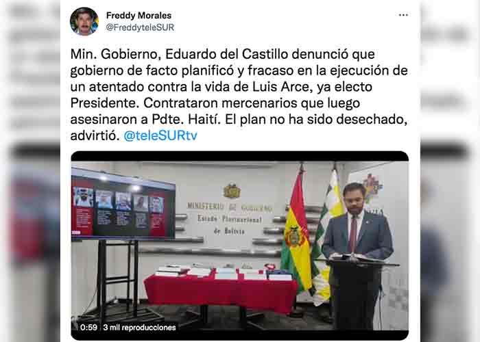 Ministro boliviano denuncia intento de magnicidio contra Luis Arce