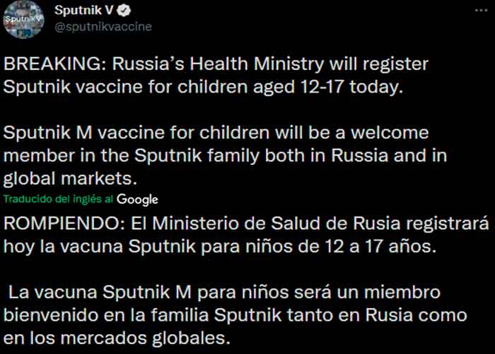 Rusia registra la vacuna Sputnik M, dirigida a menores de 12 a 17 años
