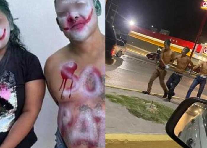 México: Ladrones aparecen amarrados a un poste pintados como El Joker.