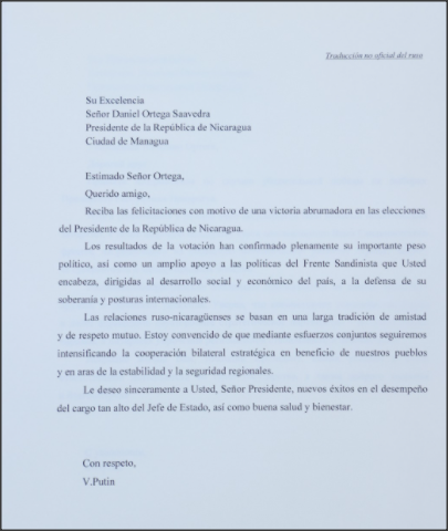 Nicaragua: Vladimir Putin envía mensaje al Presidente Comandante Daniel Ortega