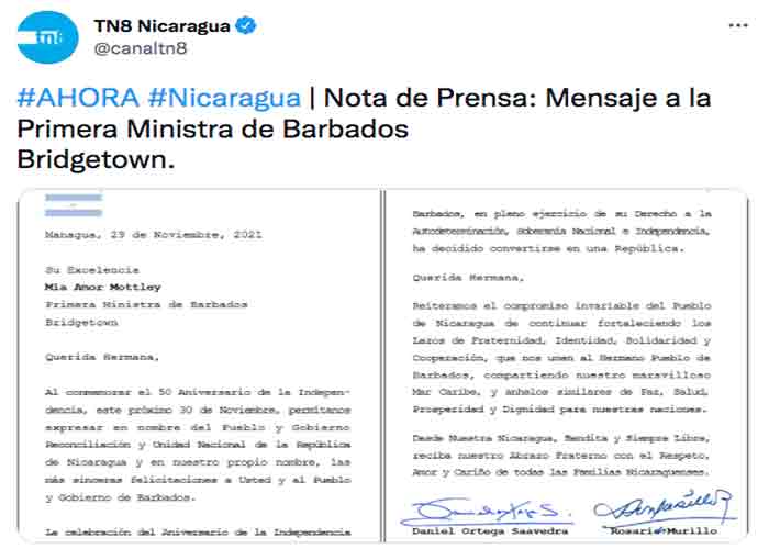 Gobierno de Nicaragua saluda Independencia de Barbados