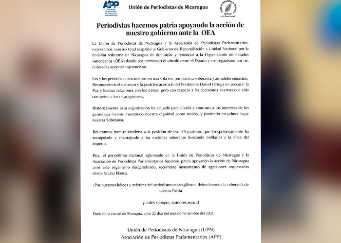 Proclama del movimiento de periodistas a favor de que Nicaragua salga de la OEA
