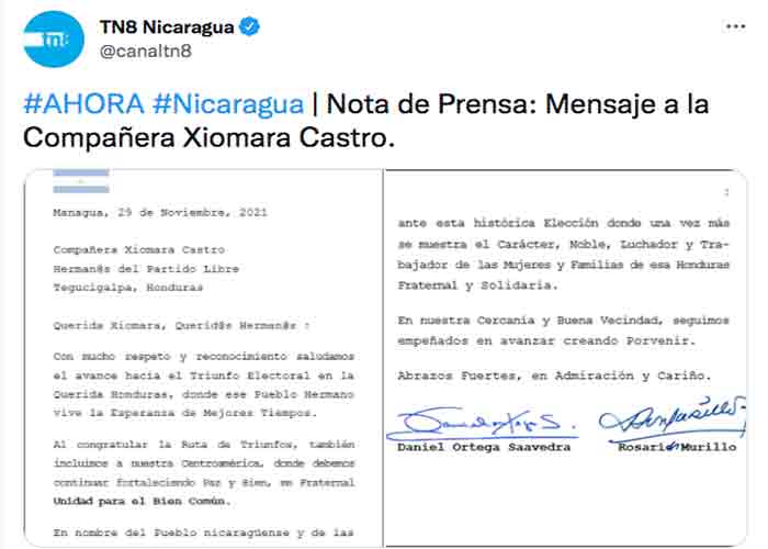 Gobierno de Nicaragua saluda triunfo electoral en Honduras 