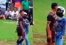 ¿Andaba sin permiso? Mujer entra a la cancha de fútbol y saca a su pareja