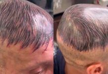 ¡Clase loquera! Se tatúa "cabello" en la pelona para ocultar su calvicie (VIDEO)