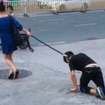 Mujer paseando a un hombre como si fuera un perro