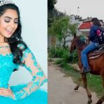 Quinceañera va a caballo a la escuela 