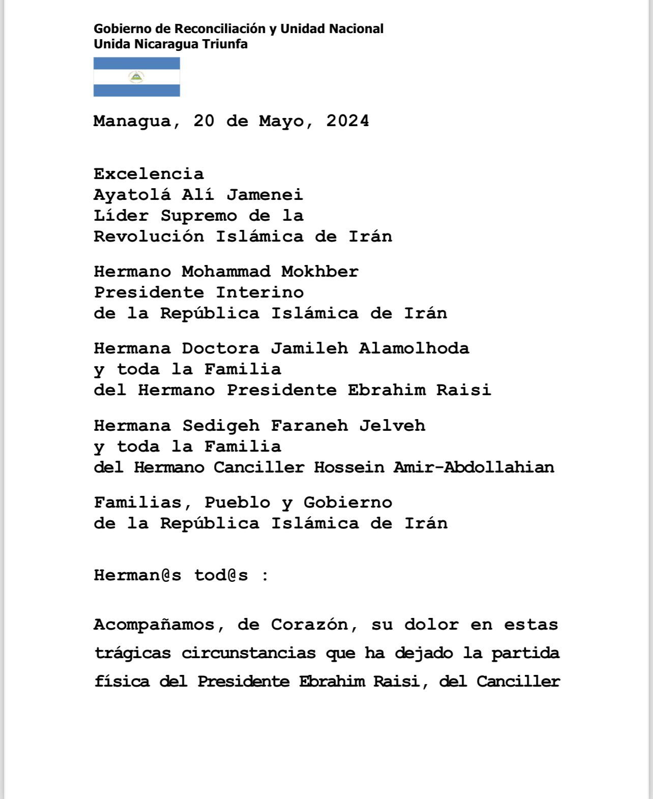 Nicaragua envía mensaje de condolencias al pueblo de Irán