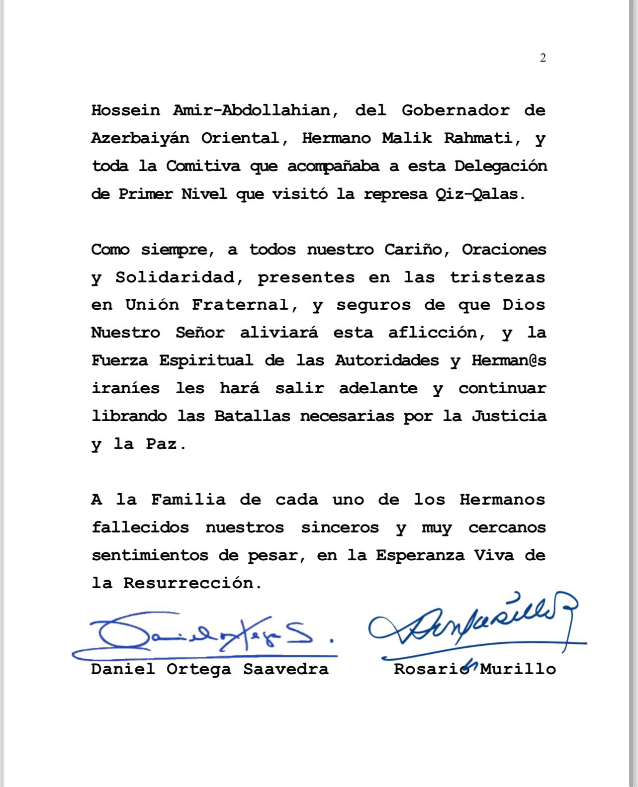 Nicaragua envía mensaje de condolencias al pueblo de Irán