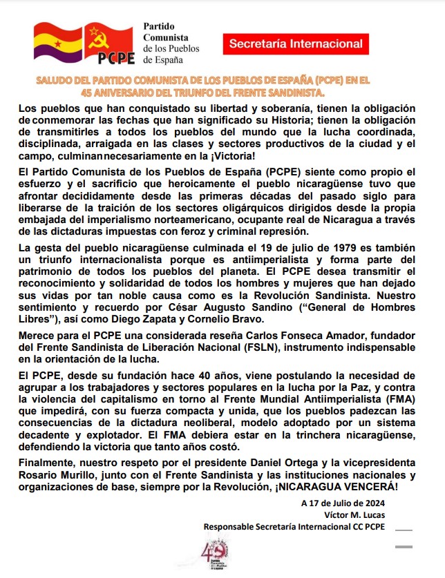 Partido Comunista de Los Pueblos de España saluda el 45/19