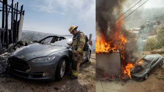 Foto: Tesla conectado ilegalmente provoca incendio en Tijuana/ Créditos