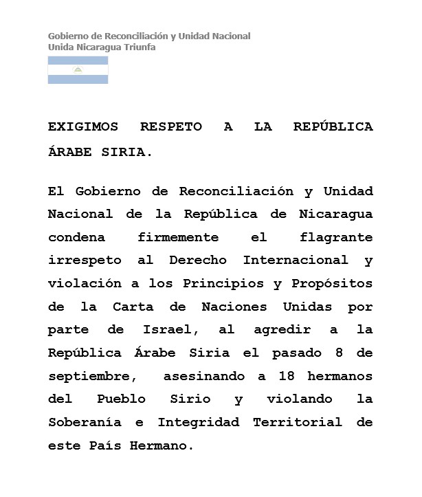 Gobierno de Nicaragua ha emitido un comunicado condenando el irrespeto al Derecho Internacional por parte de Israel