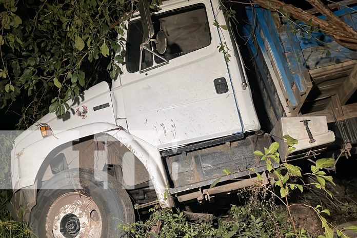 Foto:¡Impactante! Camión pierde el control tras el ponchón de una llanta y queda atrapado entre árboles en el puente San José, Chontales./TN8